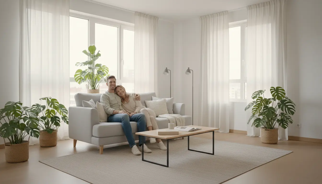 Para oglądająca mieszkanie na tle panoramy Bydgoszczy